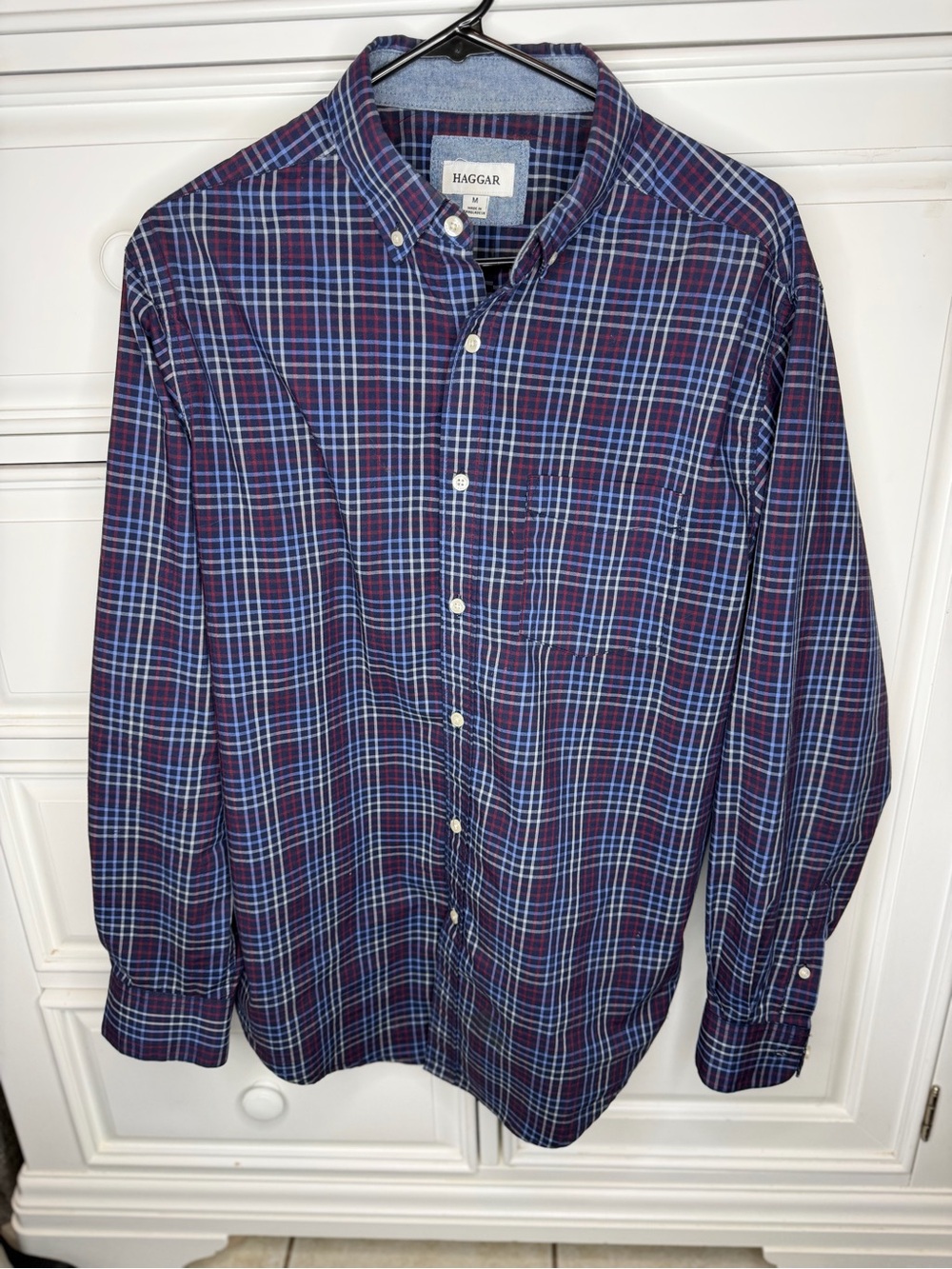 Haggar Navy and Burgundy Plaid Button-Down Shirt